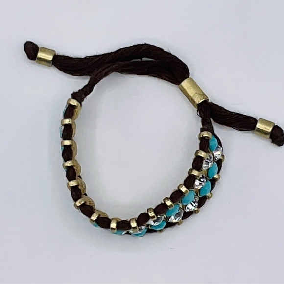 Bracelet Rhinestone Boho Clear Turquoise Gems Festival Jewelry Adjustable Cord - Picture 5 of 8